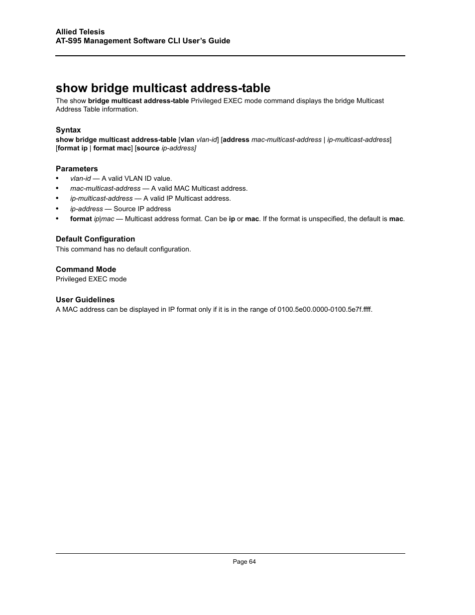 Show bridge multicast address-table | Allied Telesis AT-S95 CLI User Manual | Page 64 / 392