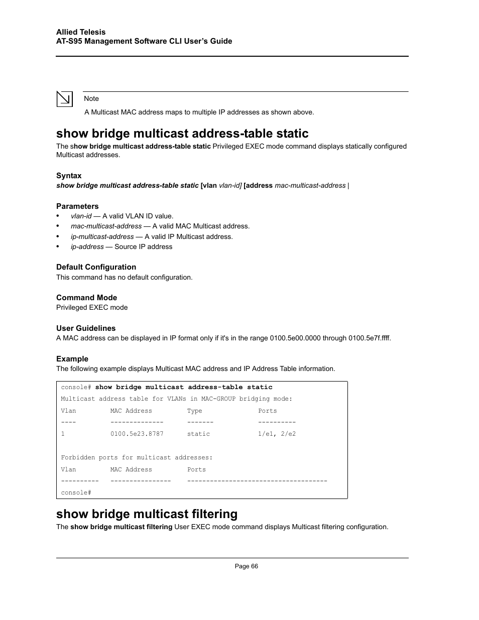 Show bridge multicast address-table static, Show bridge multicast filtering | Allied Telesis AT-S95 CLI User Manual | Page 66 / 392