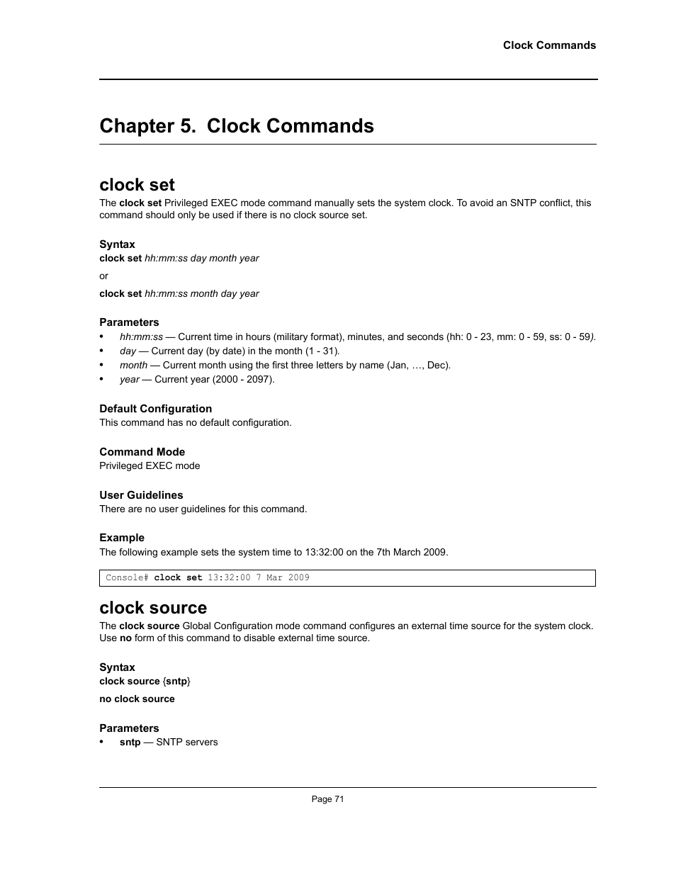 Chapter 5. clock commands, Clock set, Clock source | Chapter 5.clock commands, Clock set clock source, Chapter 5. "clock commands | Allied Telesis AT-S95 CLI User Manual | Page 71 / 392