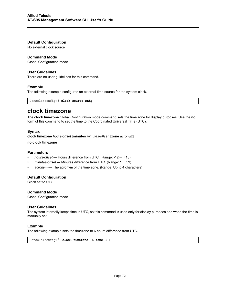 Clock timezone | Allied Telesis AT-S95 CLI User Manual | Page 72 / 392