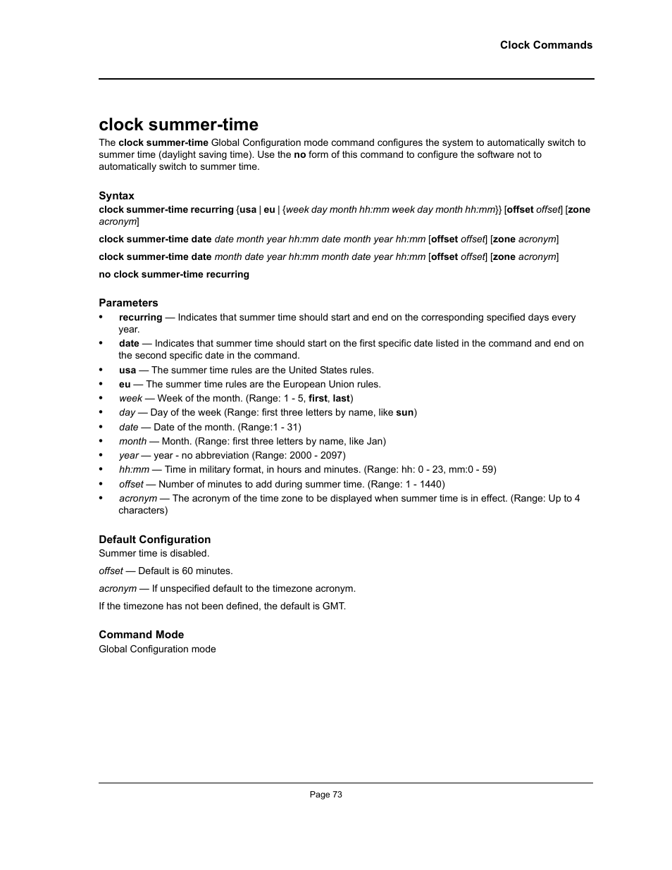 Clock summer-time | Allied Telesis AT-S95 CLI User Manual | Page 73 / 392
