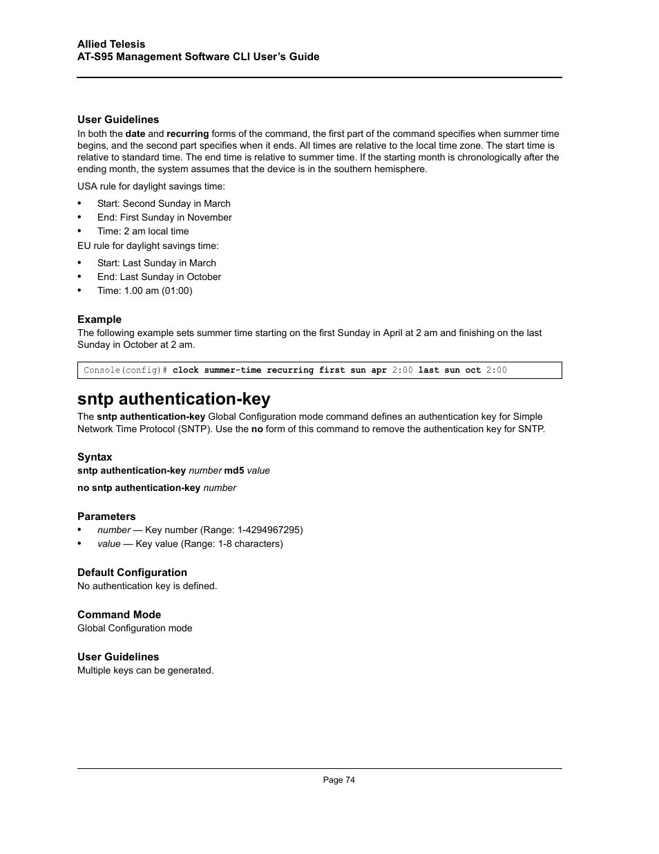 Sntp authentication-key | Allied Telesis AT-S95 CLI User Manual | Page 74 / 392
