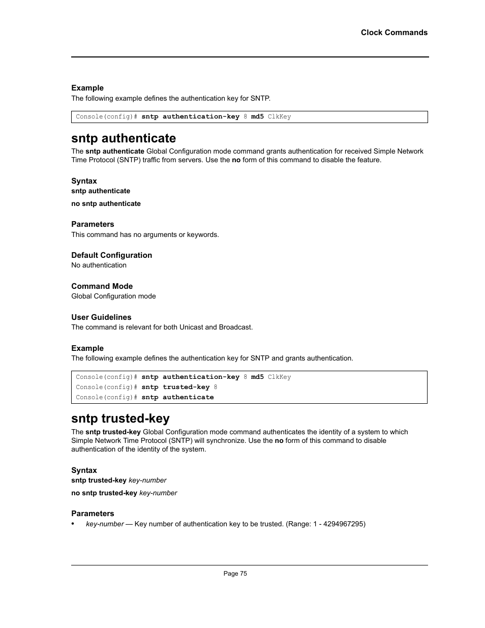Sntp authenticate, Sntp trusted-key, Sntp authenticate sntp trusted-key | Allied Telesis AT-S95 CLI User Manual | Page 75 / 392