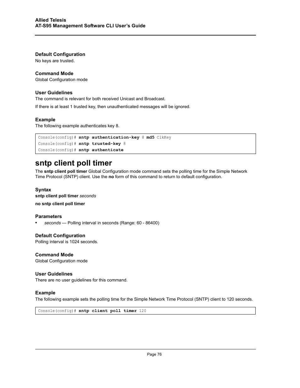 Sntp client poll timer | Allied Telesis AT-S95 CLI User Manual | Page 76 / 392
