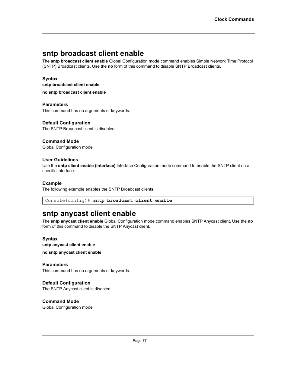 Sntp broadcast client enable, Sntp anycast client enable | Allied Telesis AT-S95 CLI User Manual | Page 77 / 392