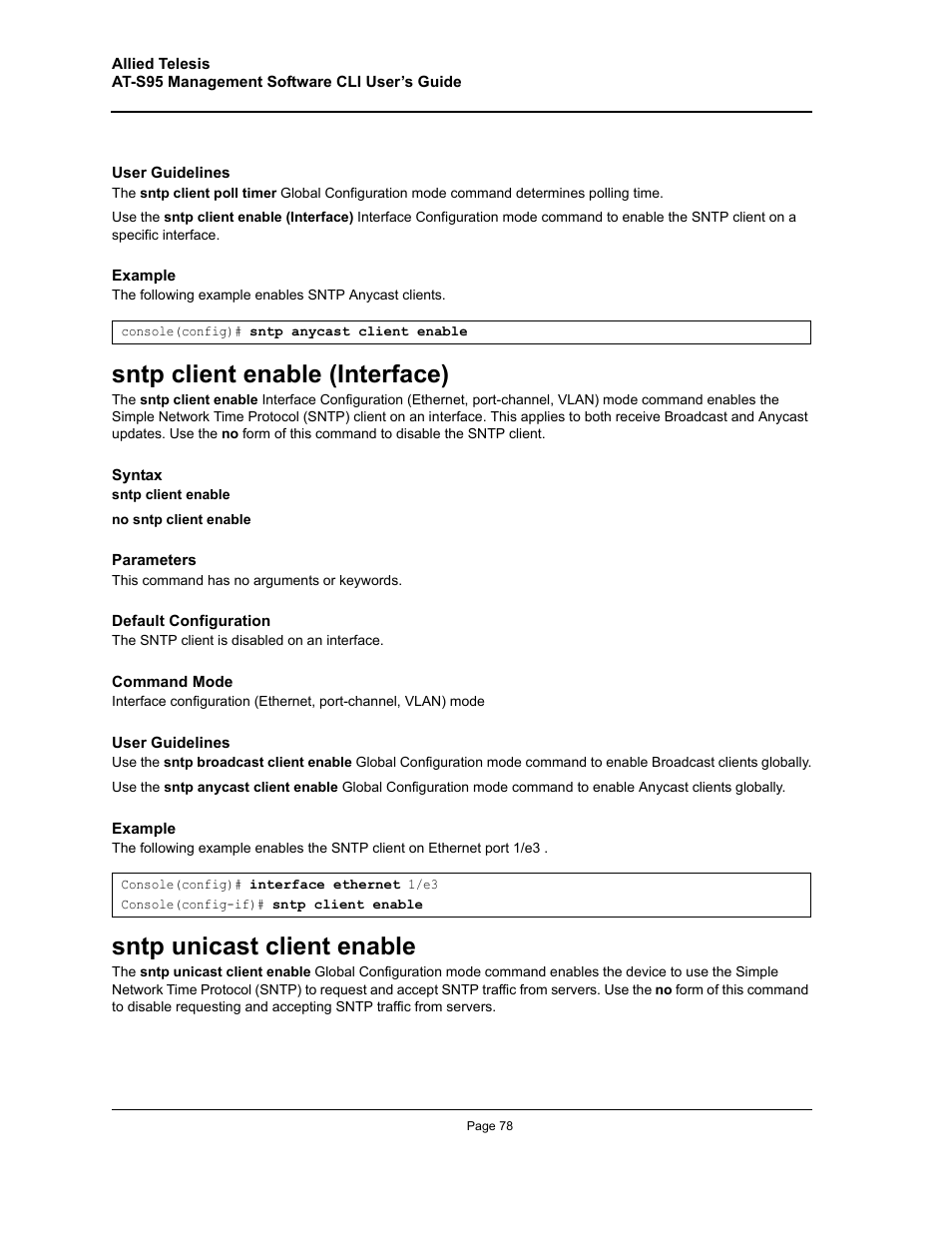 Sntp client enable (interface), Sntp unicast client enable | Allied Telesis AT-S95 CLI User Manual | Page 78 / 392