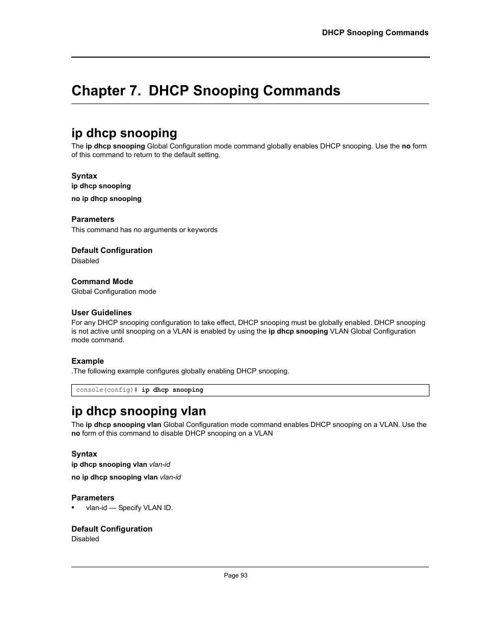 Chapter 7. dhcp snooping commands, Ip dhcp snooping, Ip dhcp snooping vlan | Chapter 7.dhcp snooping commands, Ip dhcp snooping ip dhcp snooping vlan, Chapter 7. "dhcp snooping commands | Allied Telesis AT-S95 CLI User Manual | Page 93 / 392
