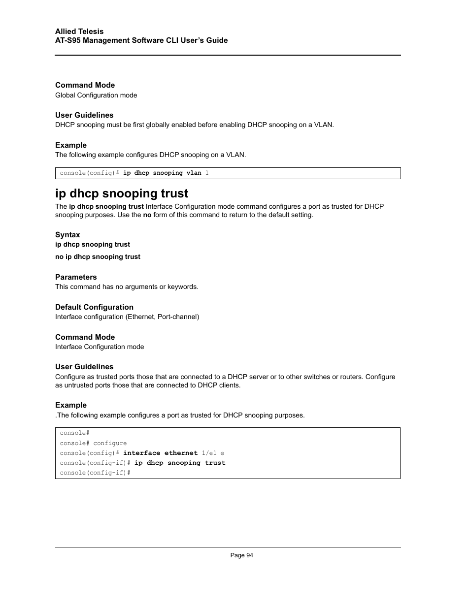 Ip dhcp snooping trust | Allied Telesis AT-S95 CLI User Manual | Page 94 / 392