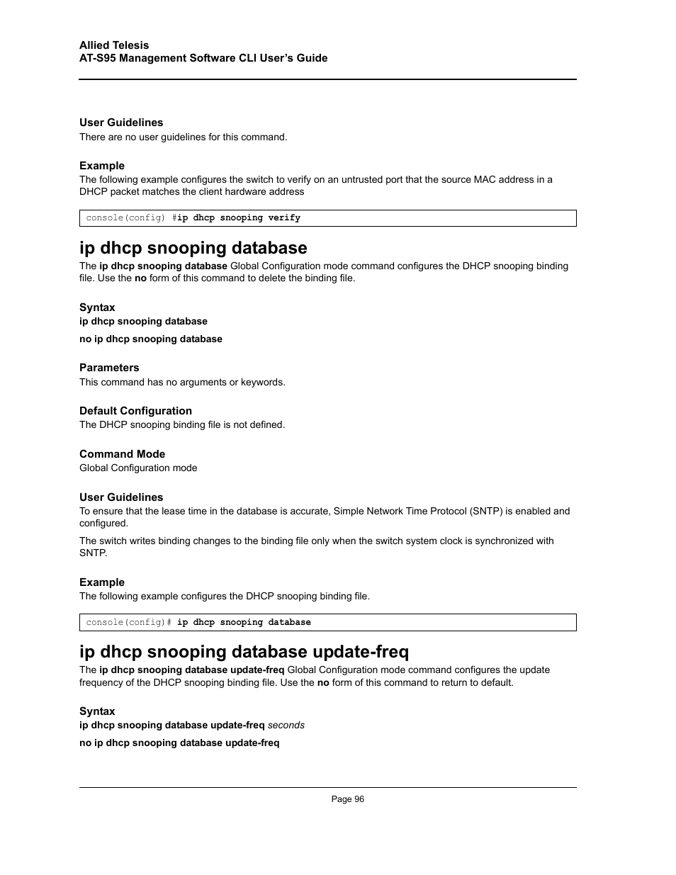 Ip dhcp snooping database, Ip dhcp snooping database update-freq | Allied Telesis AT-S95 CLI User Manual | Page 96 / 392