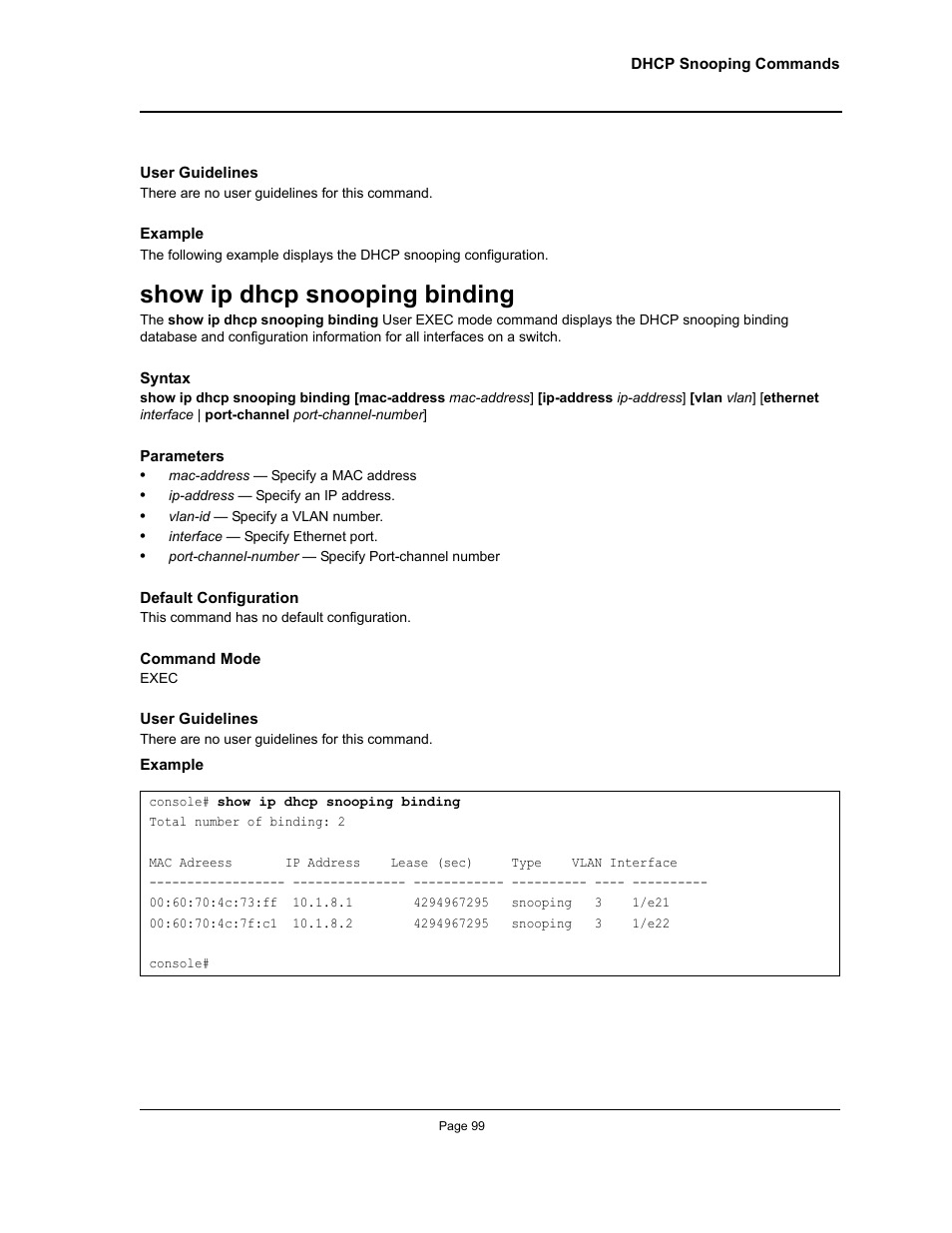 Show ip dhcp snooping binding | Allied Telesis AT-S95 CLI User Manual | Page 99 / 392