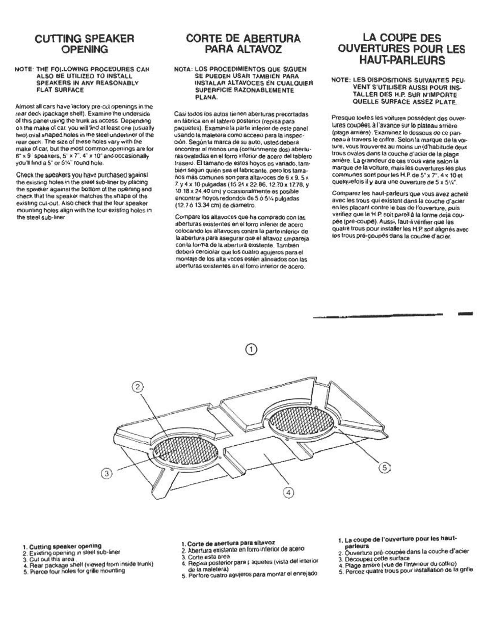 Cutting speaker opening, Corte de abertura para altavoz, La coupe des ouvertures pour les haut-parleurs | 1 cône ile ibertura para allavoi | Audiovox Portable Speaker User Manual | Page 4 / 7