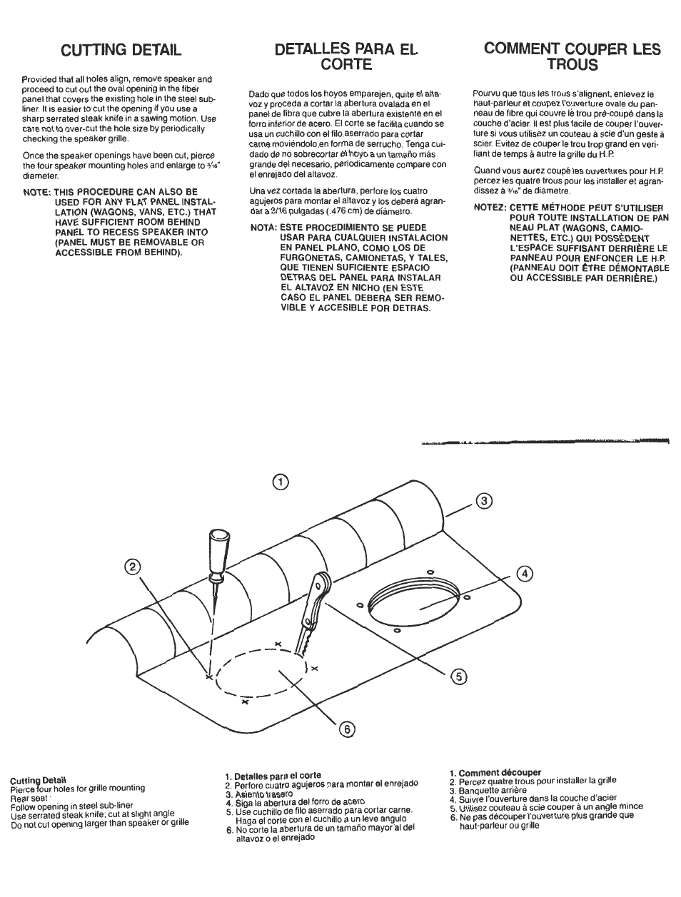 Cutting detail, Detalles para el corte, Comment couper les trous | Audiovox Portable Speaker User Manual | Page 5 / 7