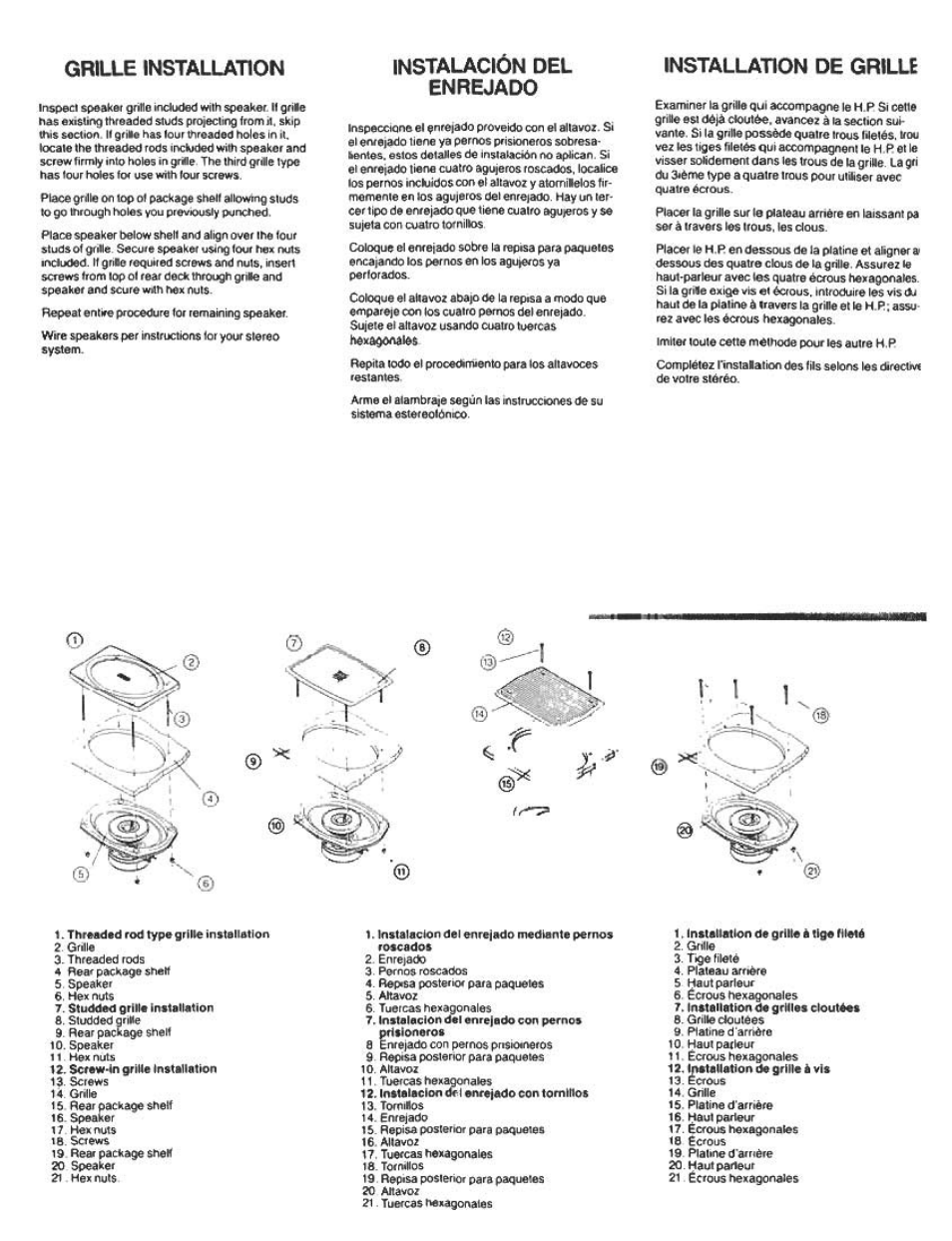 Grille installattom, Instalación del enrejado, Installation de grille | Audiovox Portable Speaker User Manual | Page 6 / 7