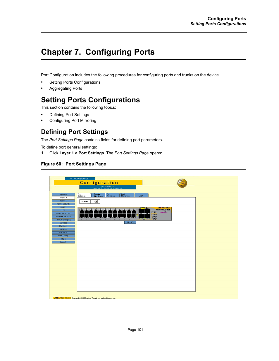 Chapter 7. configuring ports, Setting ports configurations, Defining port settings | Chapter 7.configuring ports, Section title“configuring ports | Allied Telesis AT-S95 WEB User Manual | Page 101 / 254