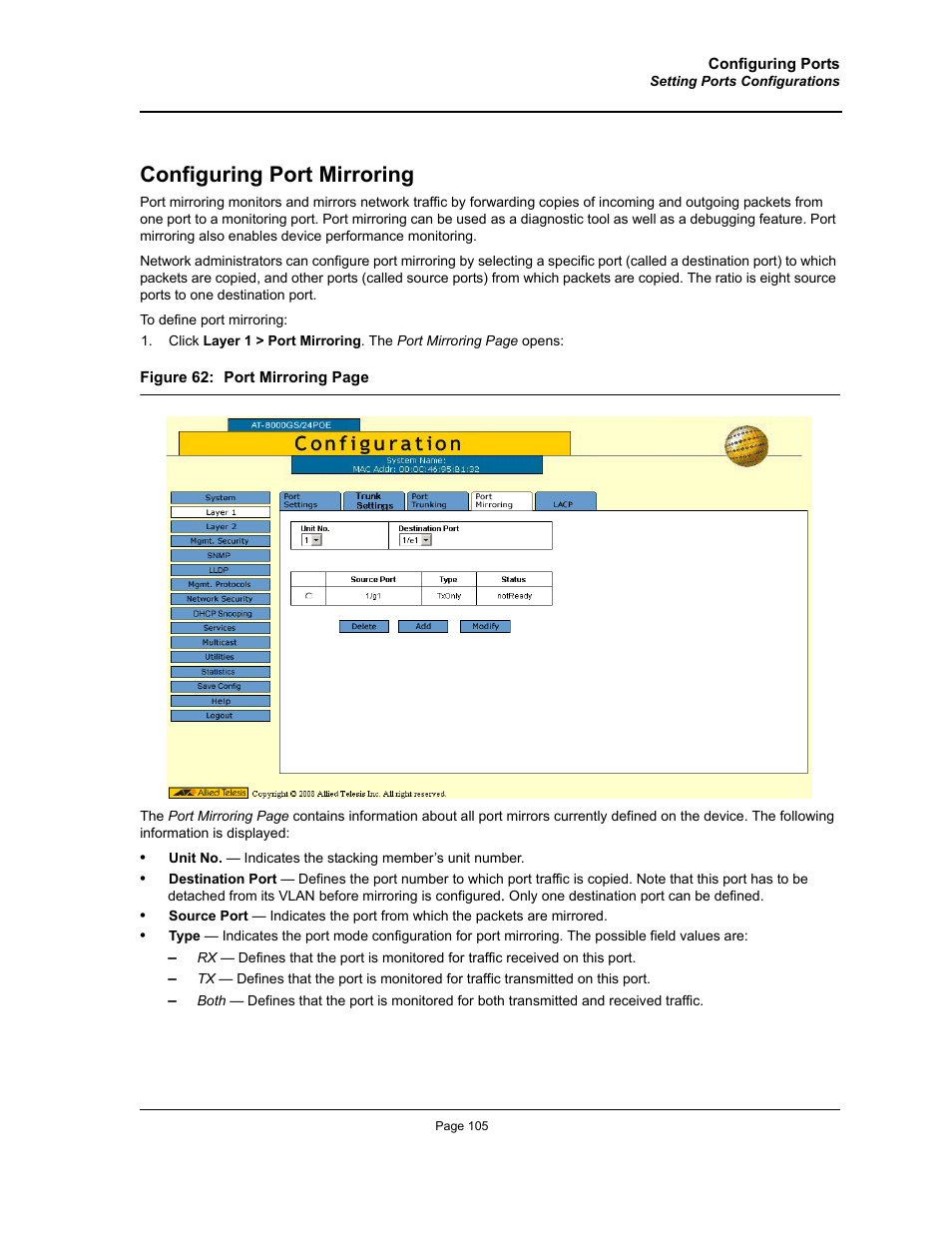 Configuring port mirroring | Allied Telesis AT-S95 WEB User Manual | Page 105 / 254