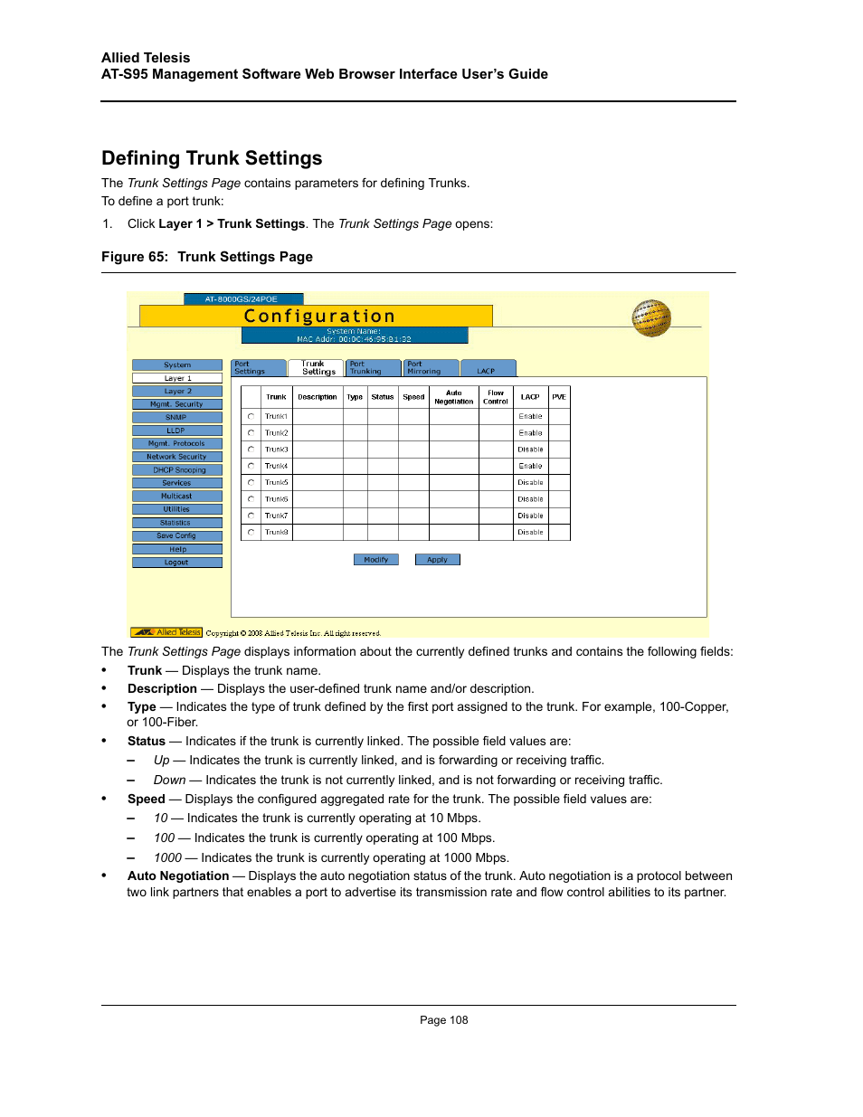 Defining trunk settings | Allied Telesis AT-S95 WEB User Manual | Page 108 / 254