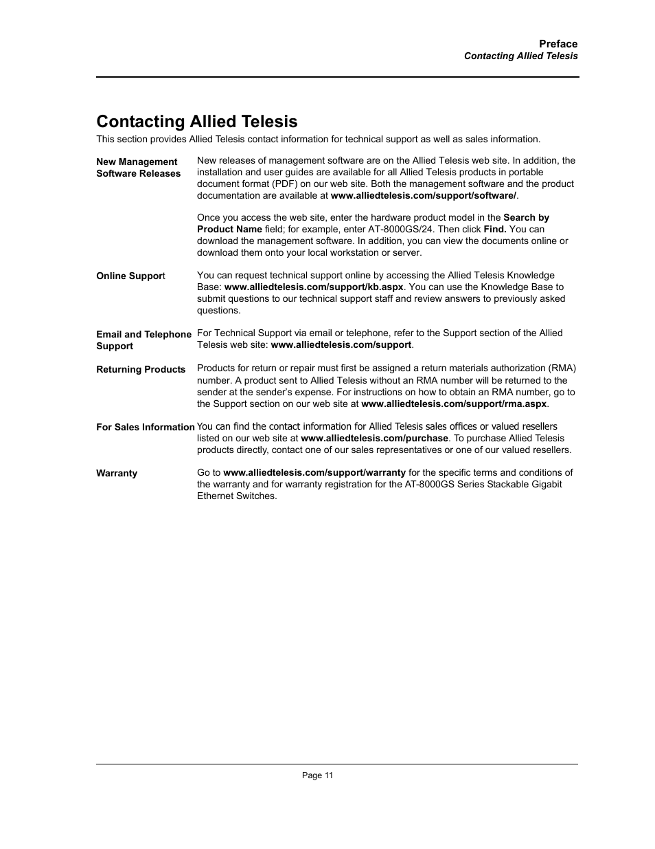 Contacting allied telesis | Allied Telesis AT-S95 WEB User Manual | Page 11 / 254