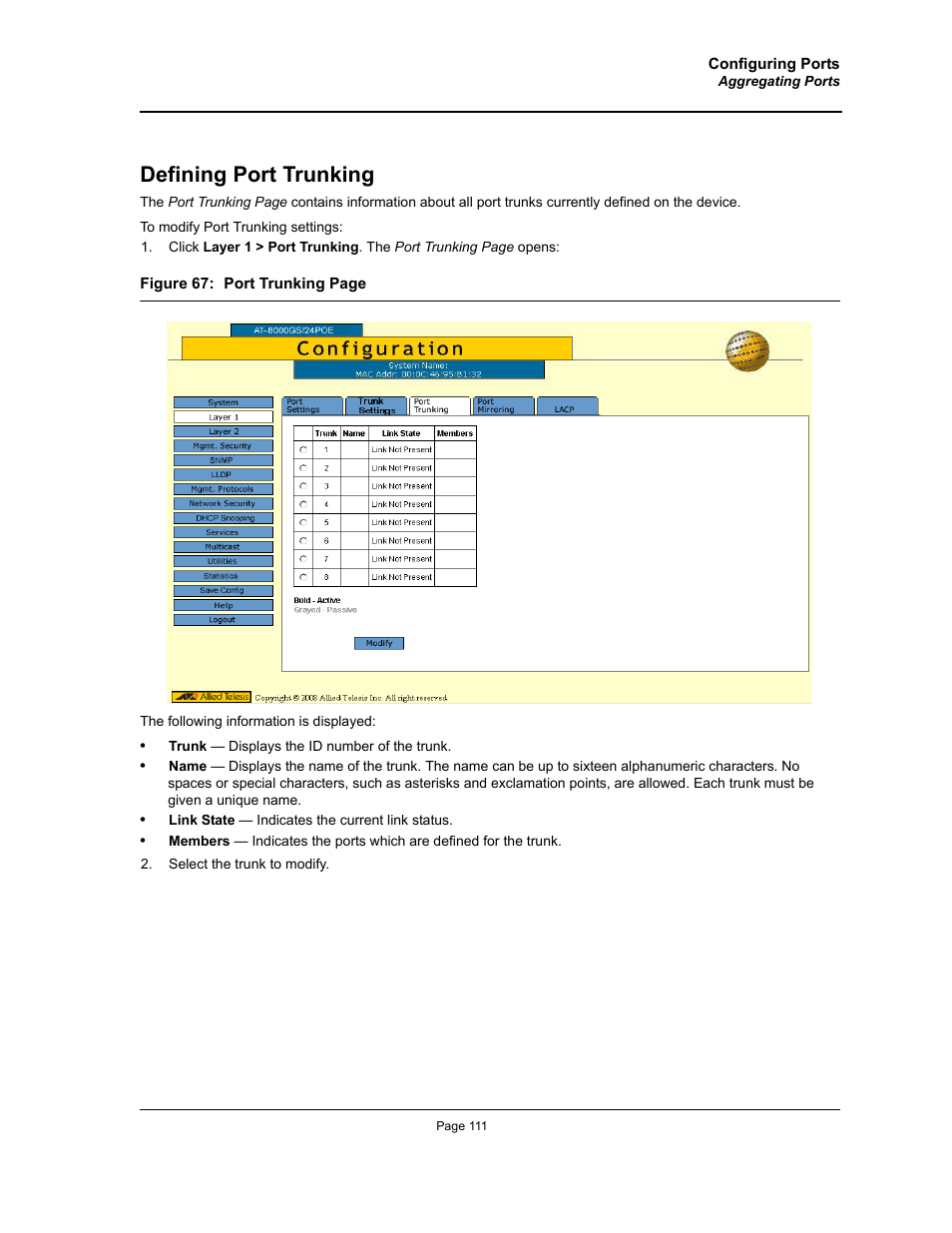 Defining port trunking | Allied Telesis AT-S95 WEB User Manual | Page 111 / 254
