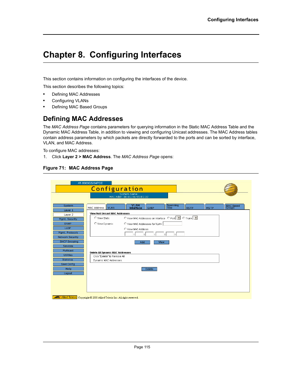 Chapter 8. configuring interfaces, Defining mac addresses, Chapter 8.configuring interfaces | Section title“configuring interfaces | Allied Telesis AT-S95 WEB User Manual | Page 115 / 254