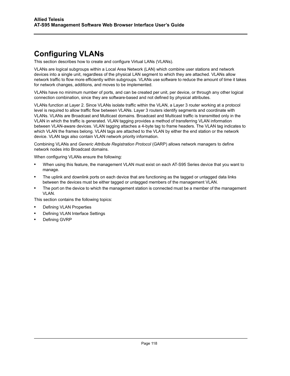 Configuring vlans | Allied Telesis AT-S95 WEB User Manual | Page 118 / 254