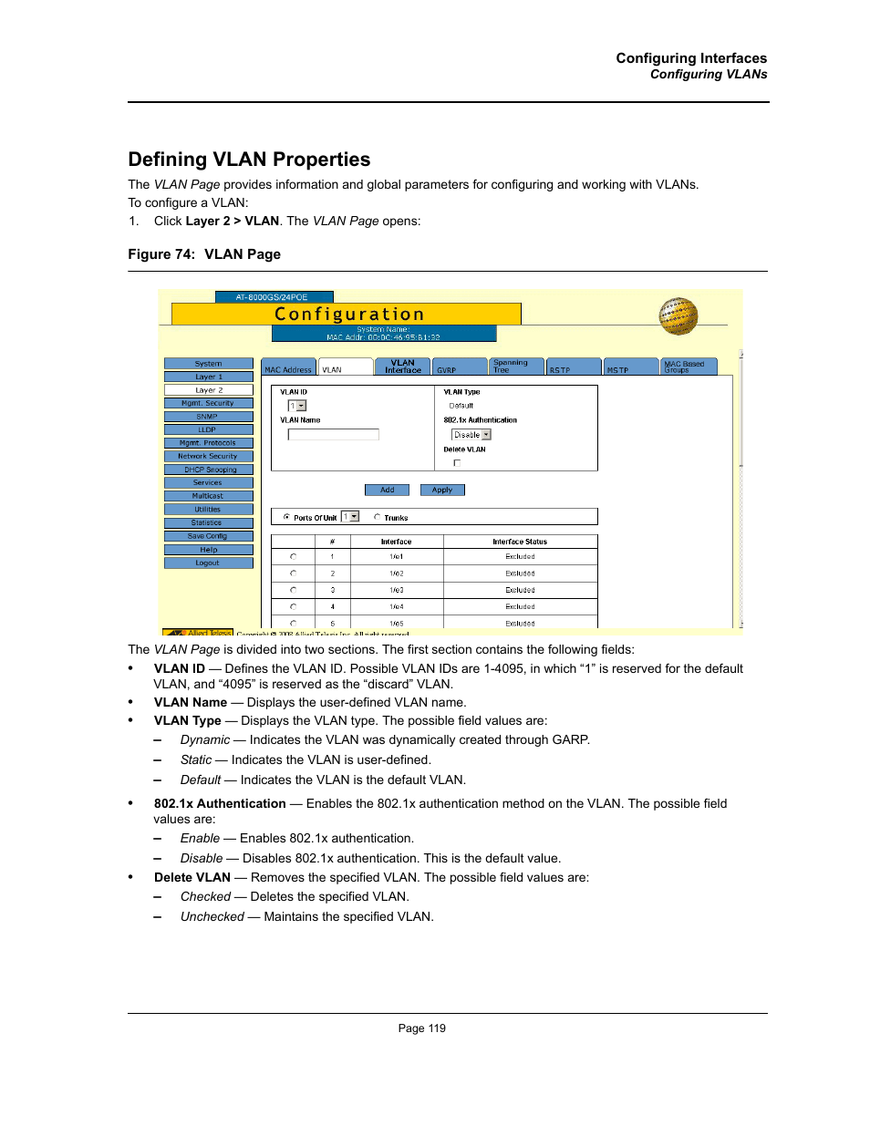 Defining vlan properties | Allied Telesis AT-S95 WEB User Manual | Page 119 / 254