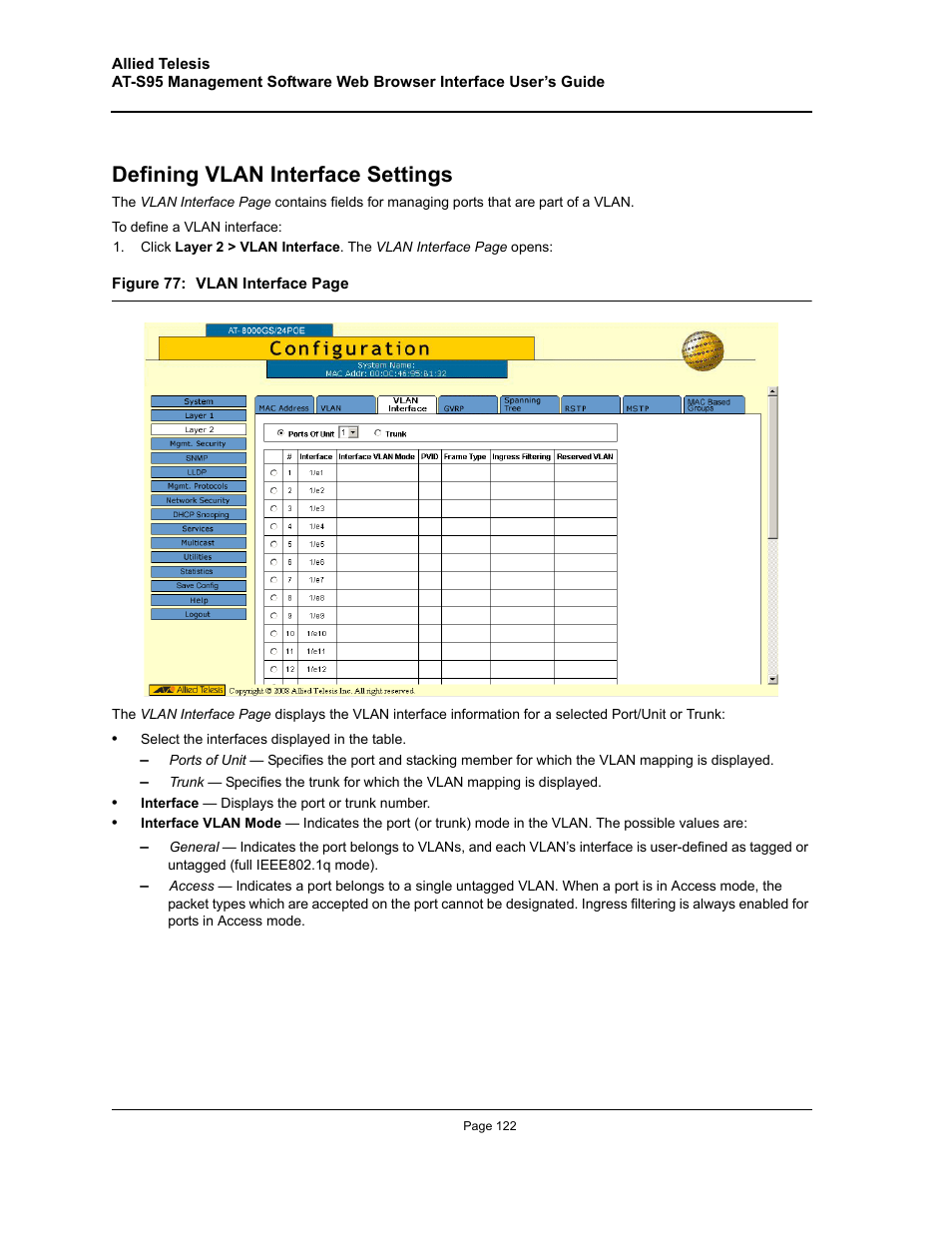 Defining vlan interface settings | Allied Telesis AT-S95 WEB User Manual | Page 122 / 254