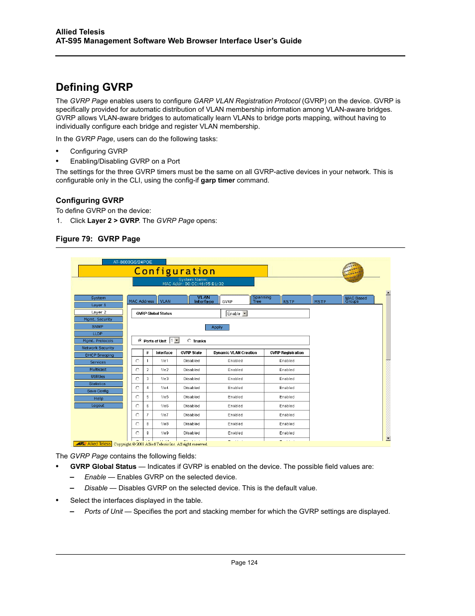 Defining gvrp | Allied Telesis AT-S95 WEB User Manual | Page 124 / 254