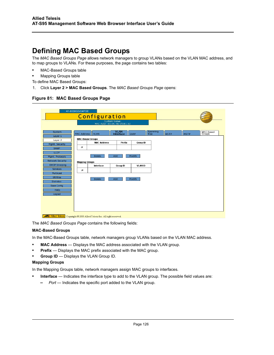 Defining mac based groups | Allied Telesis AT-S95 WEB User Manual | Page 126 / 254