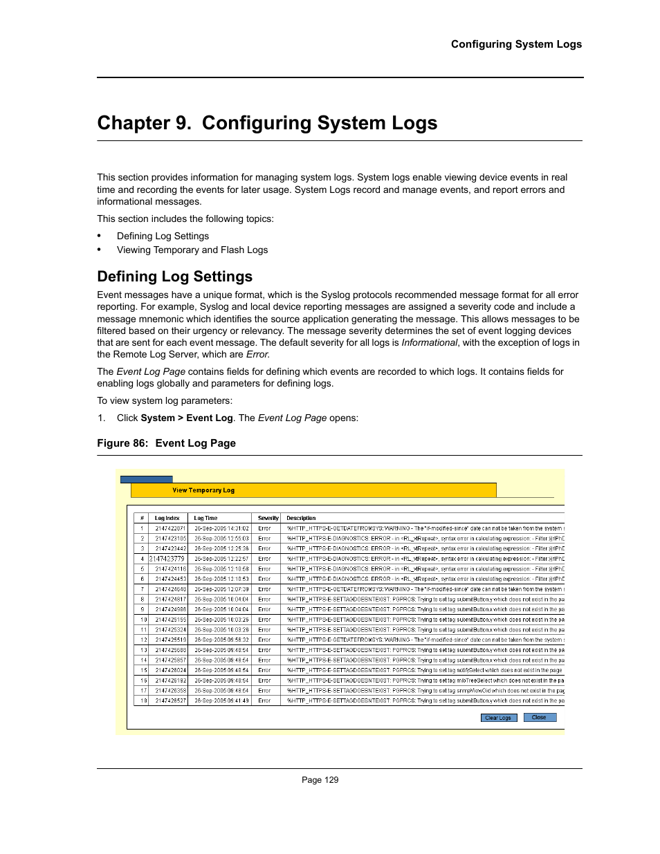 Chapter 9. configuring system logs, Defining log settings, Chapter 9.configuring system logs | Section title“configuring system logs | Allied Telesis AT-S95 WEB User Manual | Page 129 / 254