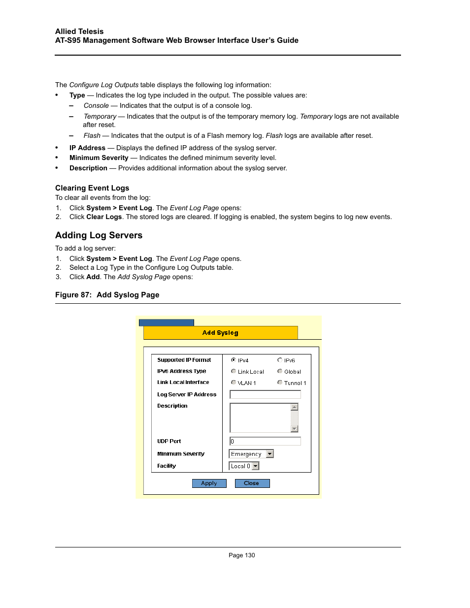 Adding log servers | Allied Telesis AT-S95 WEB User Manual | Page 130 / 254