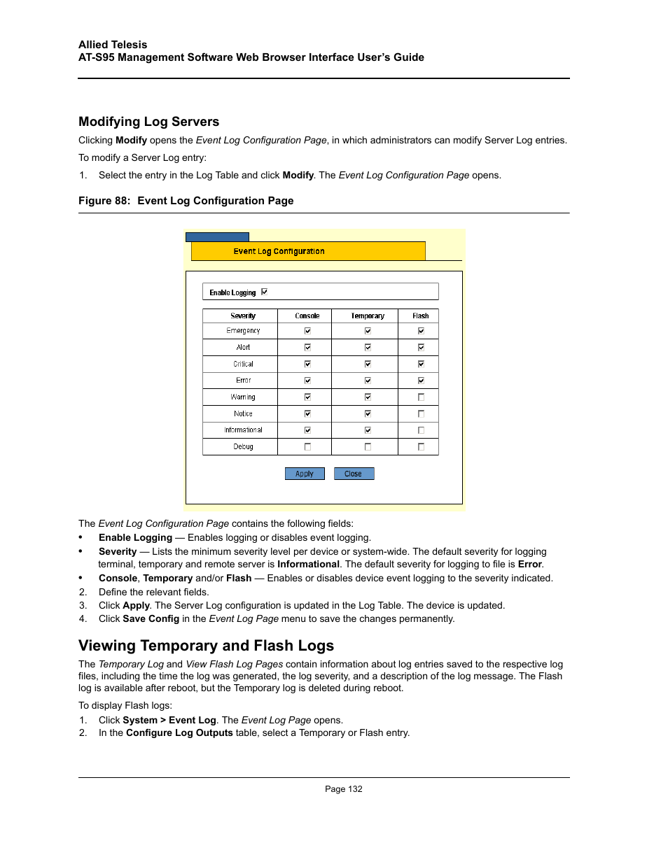 Viewing temporary and flash logs, Modifying log servers | Allied Telesis AT-S95 WEB User Manual | Page 132 / 254