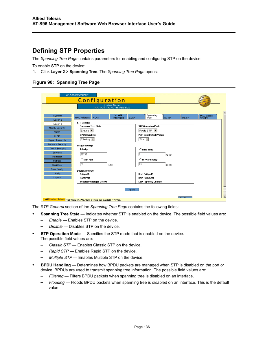 Defining stp properties | Allied Telesis AT-S95 WEB User Manual | Page 136 / 254