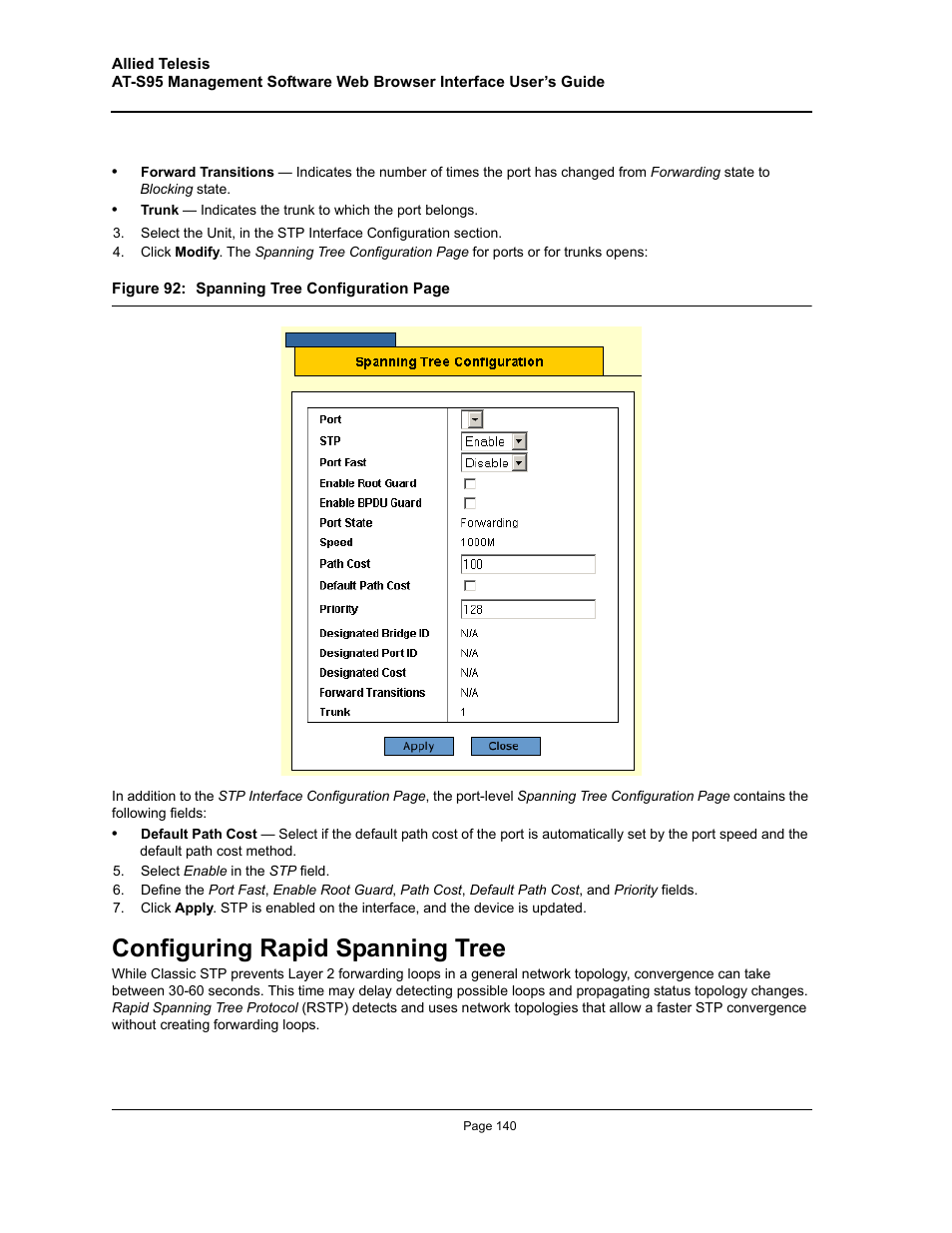 Configuring rapid spanning tree | Allied Telesis AT-S95 WEB User Manual | Page 140 / 254