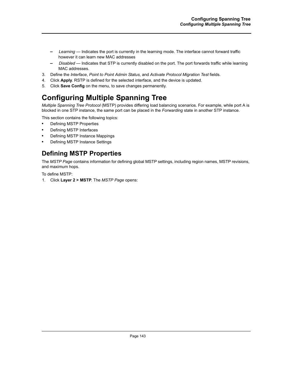 Configuring multiple spanning tree, Defining mstp properties, E configuring multiple spanning tree | Allied Telesis AT-S95 WEB User Manual | Page 143 / 254
