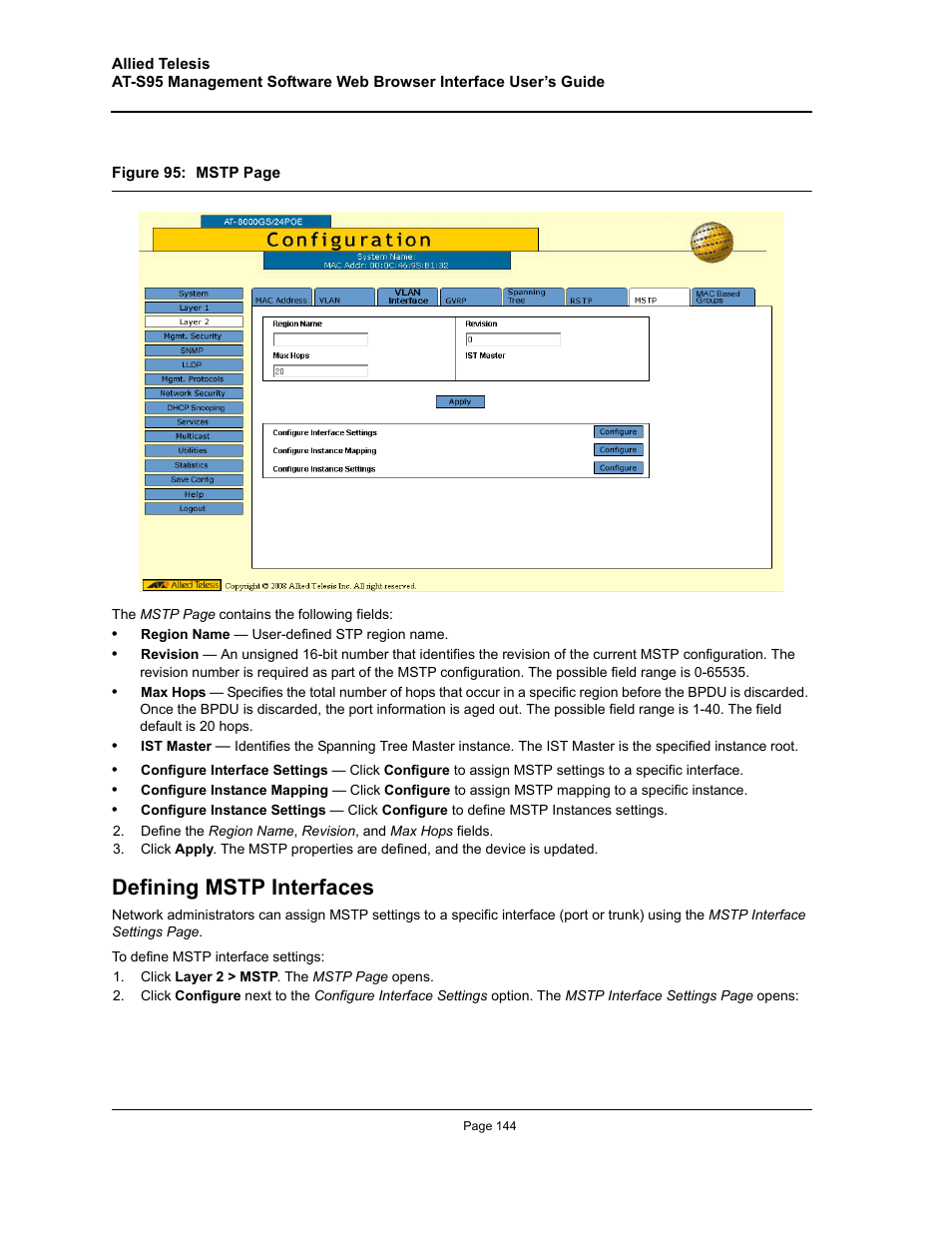 Defining mstp interfaces | Allied Telesis AT-S95 WEB User Manual | Page 144 / 254