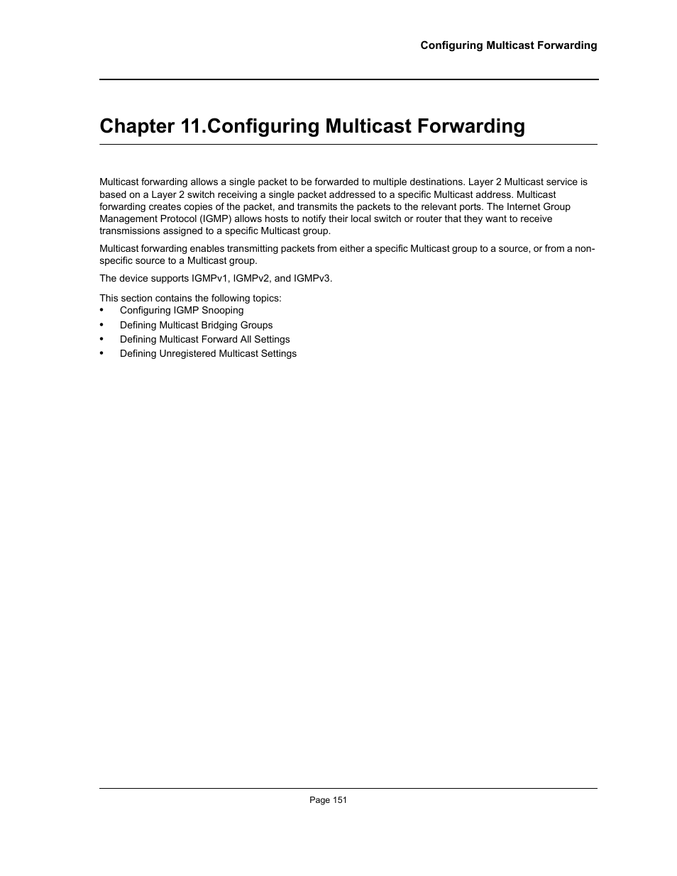 Chapter 11. configuring multicast forwarding, Chapter 11.configuring multicast forwarding, Section title“configuring multicast forwarding | Allied Telesis AT-S95 WEB User Manual | Page 151 / 254