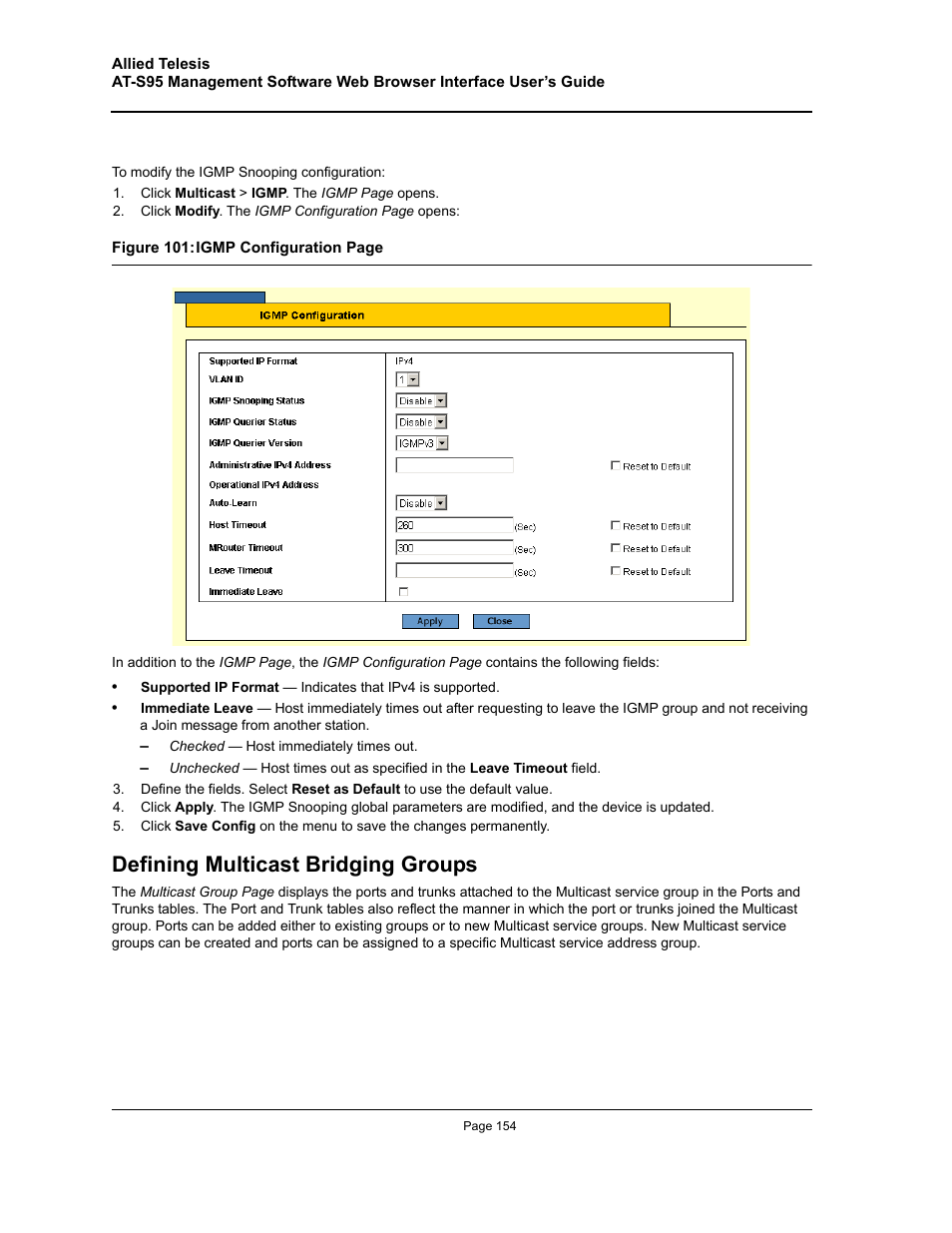 Defining multicast bridging groups | Allied Telesis AT-S95 WEB User Manual | Page 154 / 254