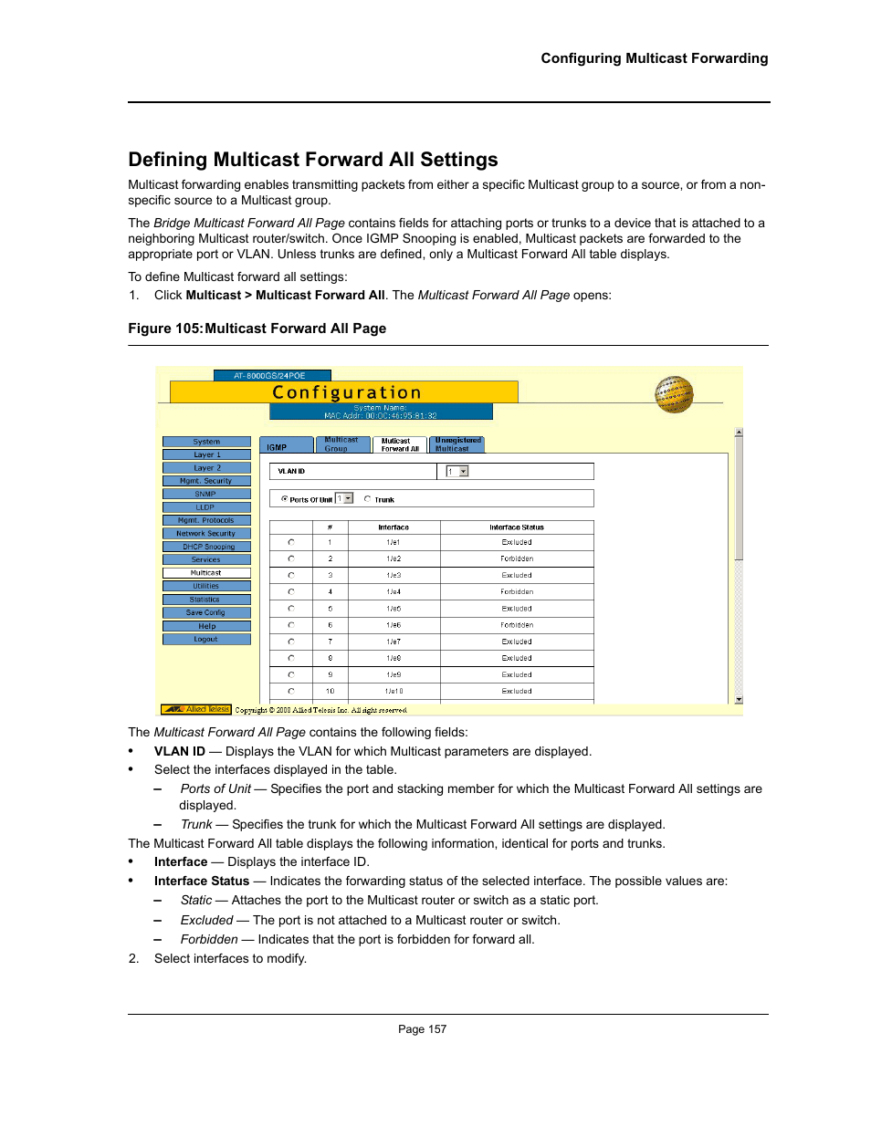 Defining multicast forward all settings | Allied Telesis AT-S95 WEB User Manual | Page 157 / 254