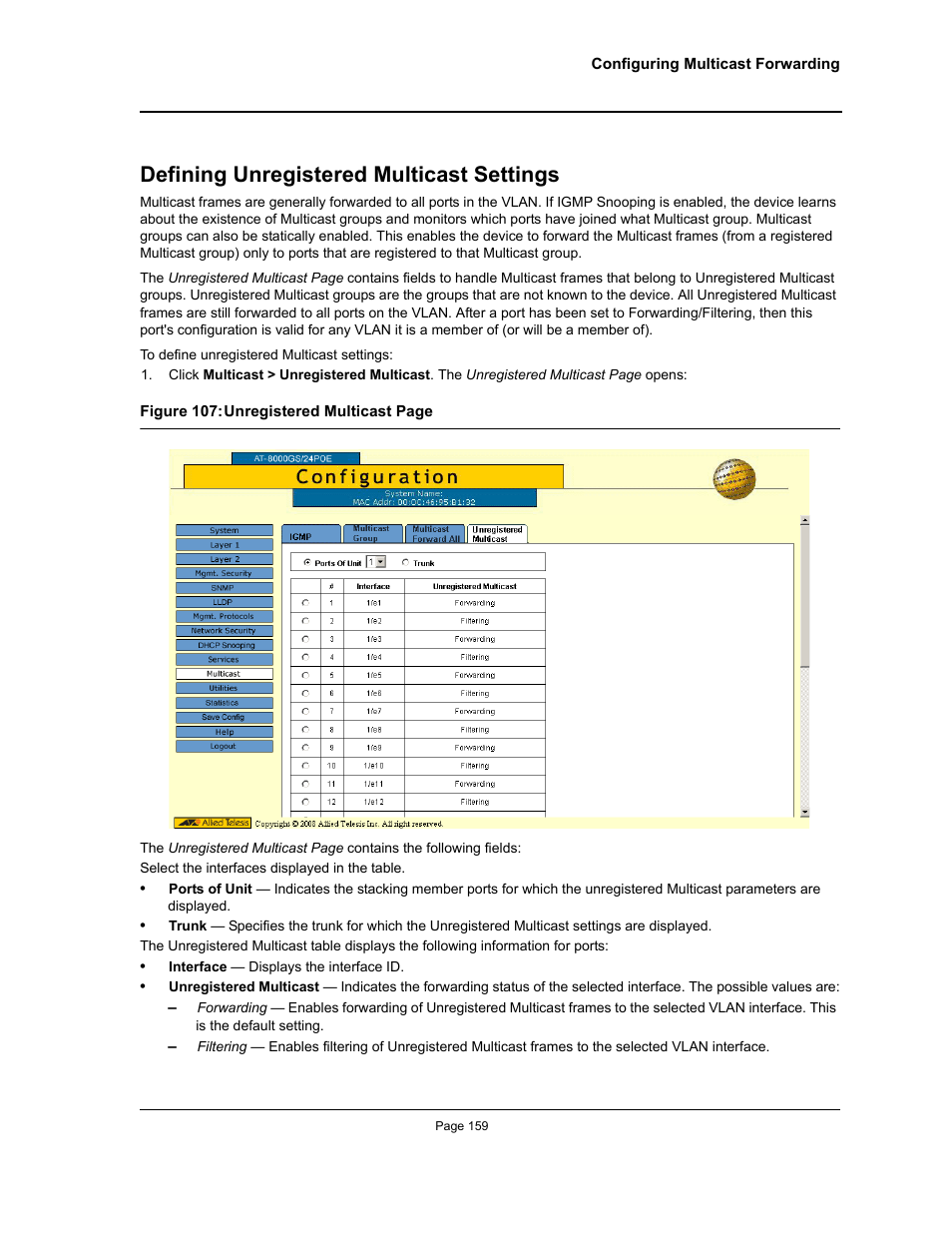 Defining unregistered multicast settings | Allied Telesis AT-S95 WEB User Manual | Page 159 / 254