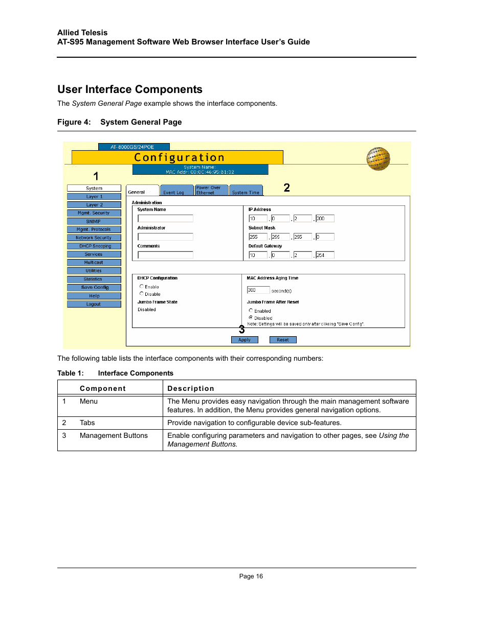 User interface components | Allied Telesis AT-S95 WEB User Manual | Page 16 / 254