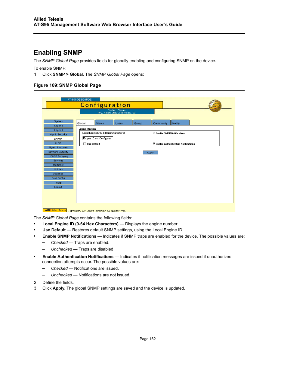 Enabling snmp | Allied Telesis AT-S95 WEB User Manual | Page 162 / 254