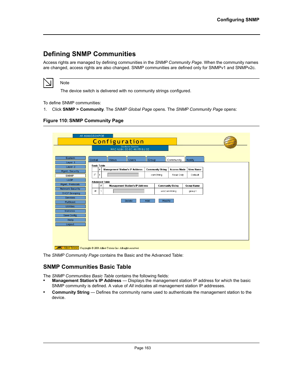 Defining snmp communities, Snmp communities basic table | Allied Telesis AT-S95 WEB User Manual | Page 163 / 254