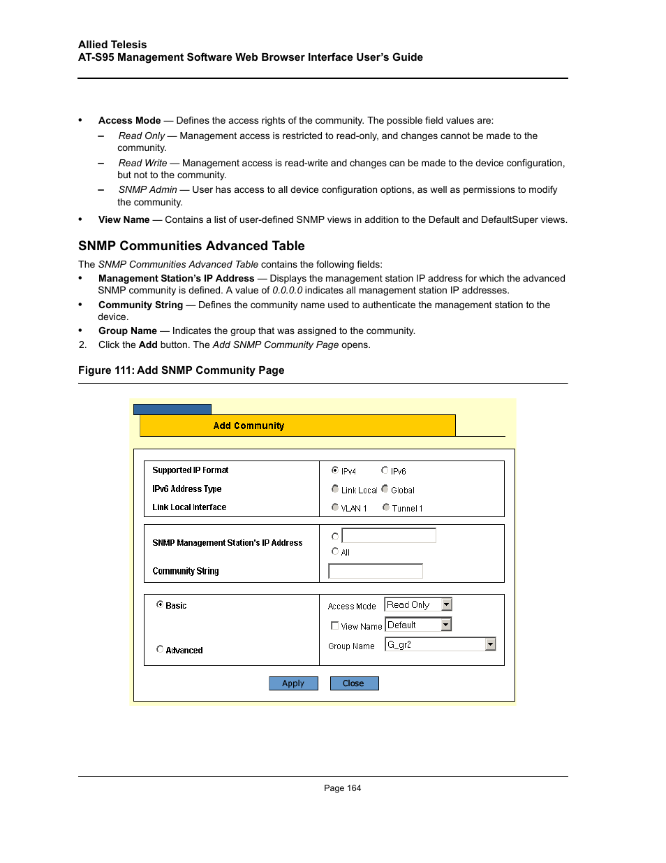 Snmp communities advanced table | Allied Telesis AT-S95 WEB User Manual | Page 164 / 254