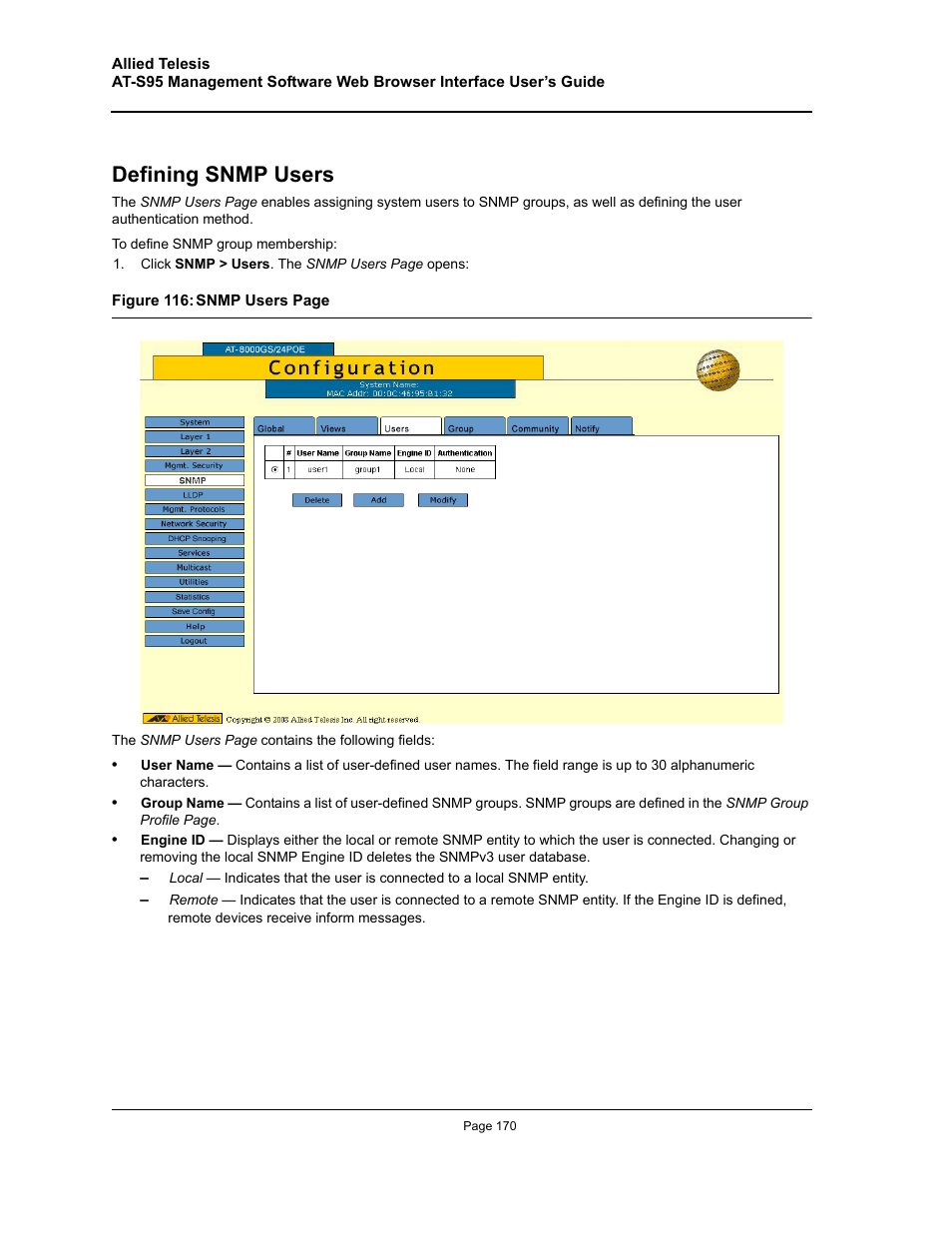 Defining snmp users | Allied Telesis AT-S95 WEB User Manual | Page 170 / 254