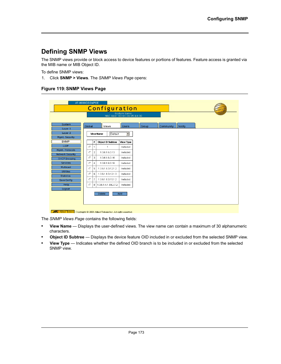 Defining snmp views | Allied Telesis AT-S95 WEB User Manual | Page 173 / 254