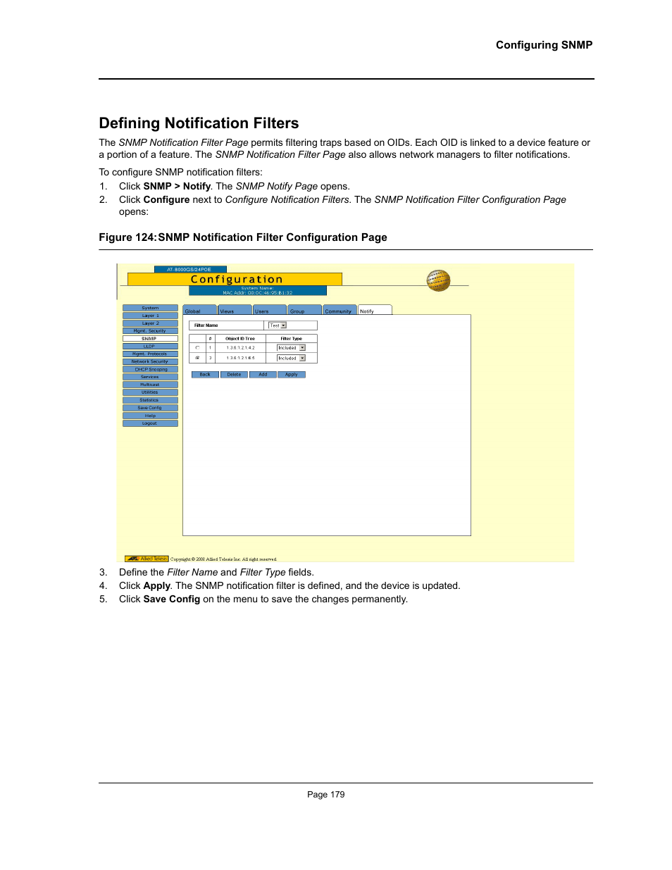 Defining notification filters | Allied Telesis AT-S95 WEB User Manual | Page 179 / 254