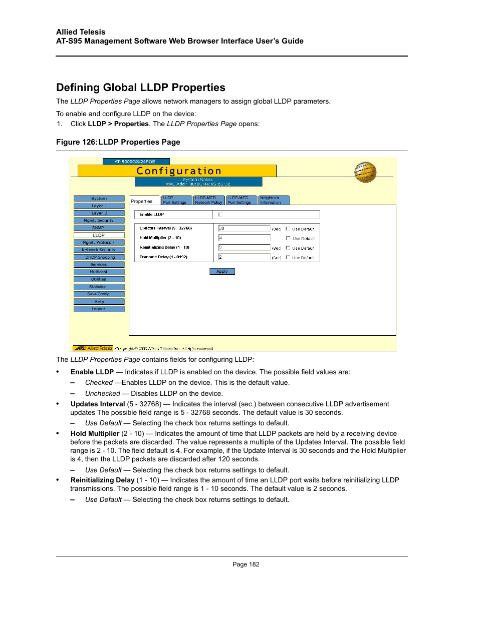 Defining global lldp properties | Allied Telesis AT-S95 WEB User Manual | Page 182 / 254