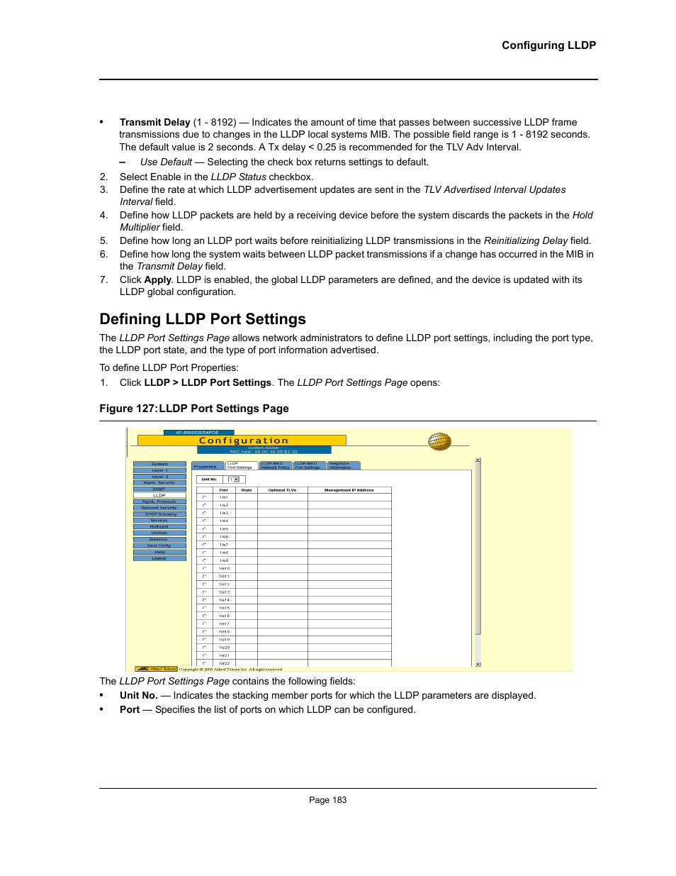 Defining lldp port settings | Allied Telesis AT-S95 WEB User Manual | Page 183 / 254