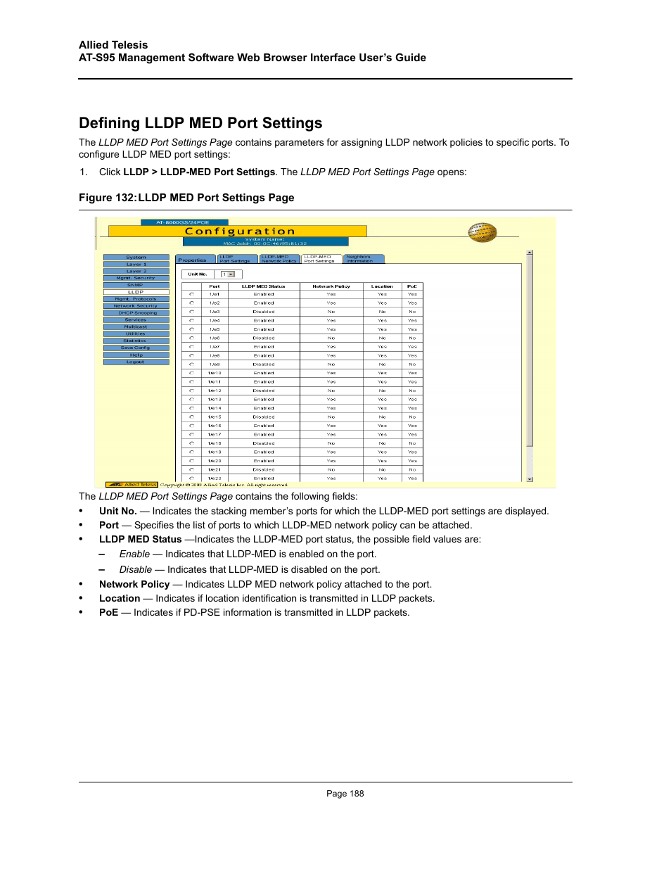 Defining lldp med port settings | Allied Telesis AT-S95 WEB User Manual | Page 188 / 254