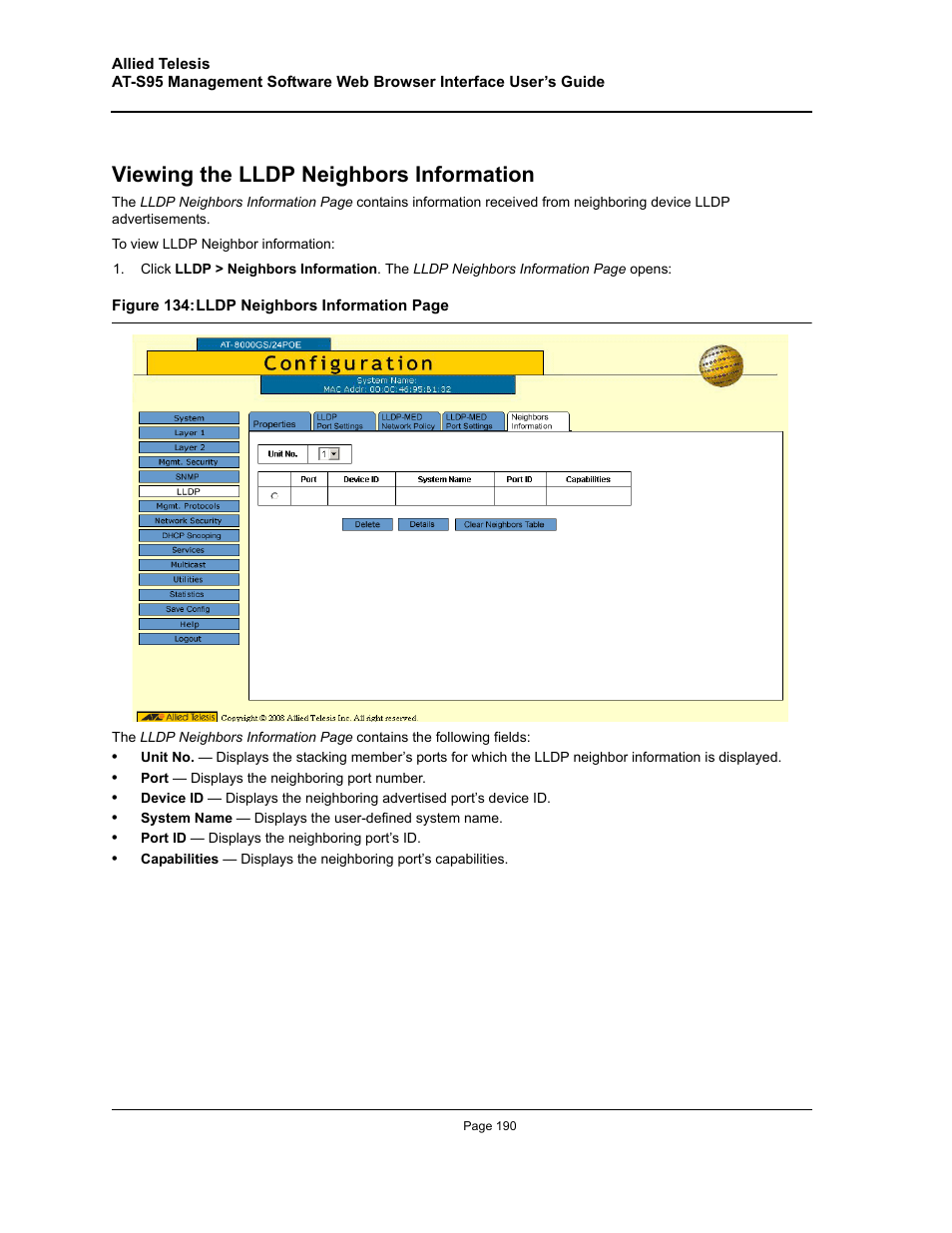 Viewing the lldp neighbors information | Allied Telesis AT-S95 WEB User Manual | Page 190 / 254